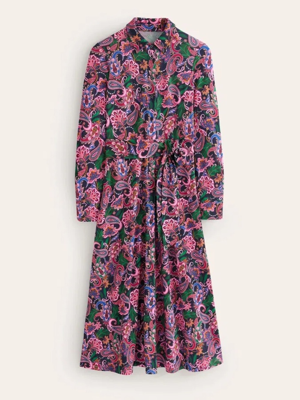 BODEN Marcia Midi Shirt Dress Size 8 Pink Black Paisley Tie Waist - Picture 2 of 15